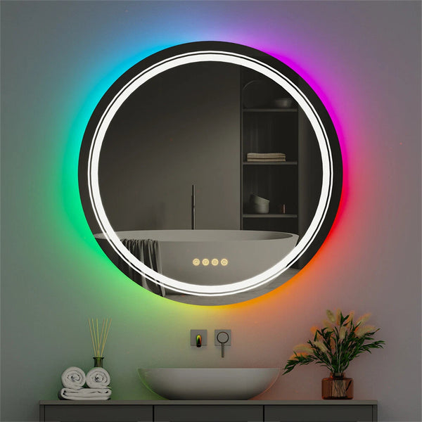 Round Bathroom HD Vanity Mirror RGB Multicolor Backlit+Adjustable Front-Lighted