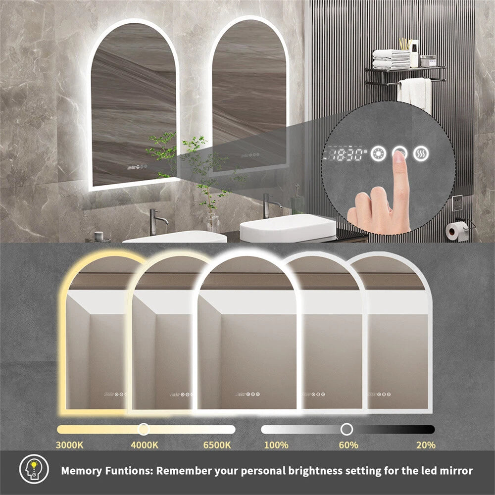 Backlit Bathroom Mirror Arched Wall Vanity Mirror 3 Color Lights Anti-fog Makeup