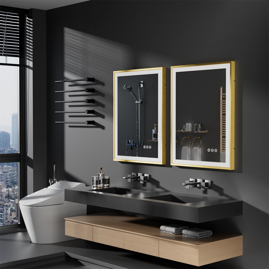 Large LED Bathroom Mirrors Front Light Gold Aluminum Framed Vanity Mirror