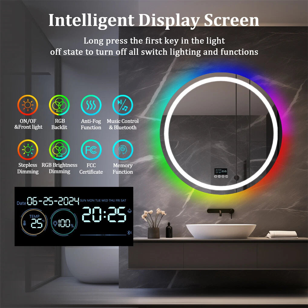 Bluetooth Led Bathroom Mirror w/ RGB Lights Date Time Temperature Makeup Mirror