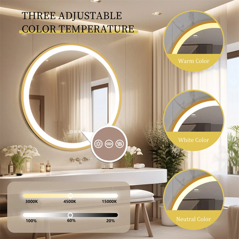 New Round LED Bathroom Mirror Gold Aluminum Frame Dimming Vanity Mirror Anti Fog