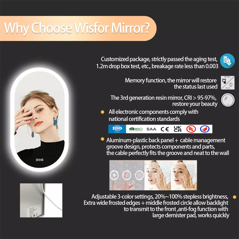 Stepless Dimming Illuminated LED Bathroom Mirror Vanity Makeup Wall Mounted Oval