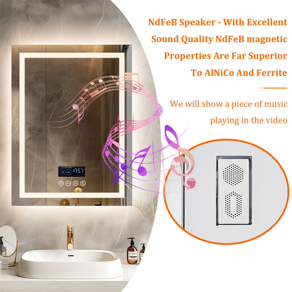 Anti-fog LED Lighted Bathroom Mirror with Bluetooth Speaker Front-lit Backlight
