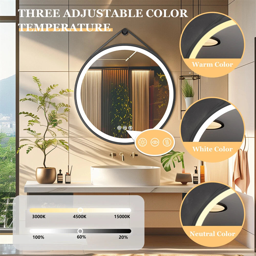 Round LED Bathroom Mirror Wall Hanging Dimmable Vanity Makeup Mirror with Strap