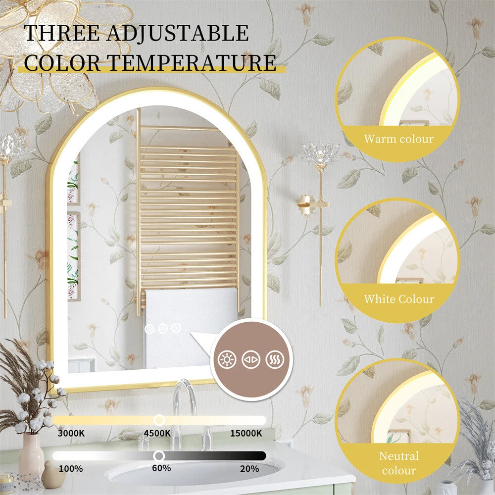 illuminated Gold LED Bathroom Mirror with Aluminum Framed for Vanity Dimmable HD