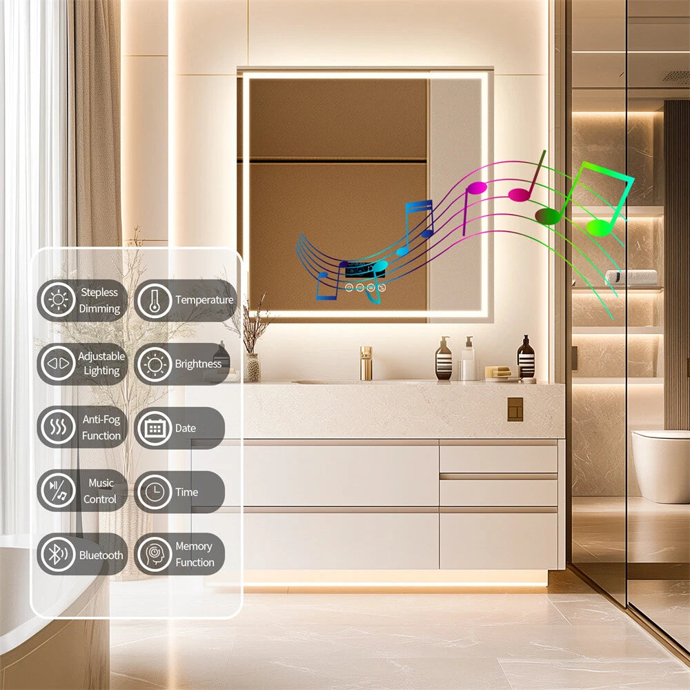 LED Bathroom Mirror Frontlit & Backlit Bluetooth Speaker Anti-Fog Dimmable 32"