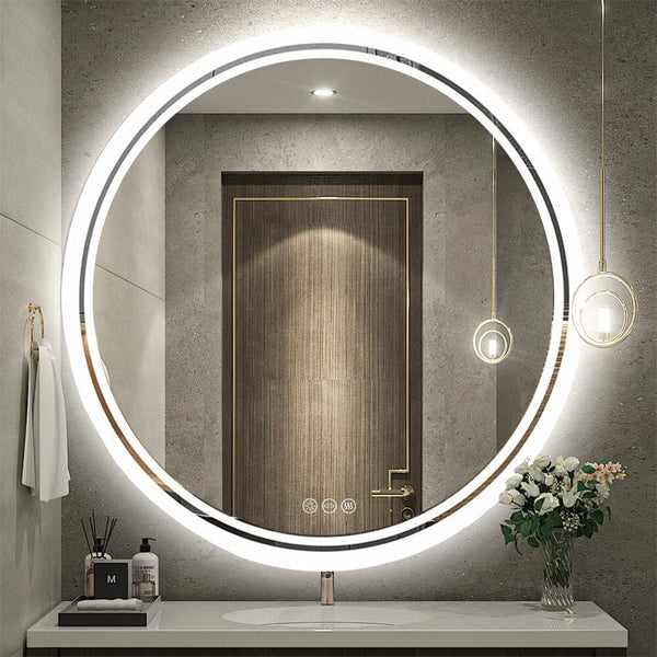 24in Round Lighted Mirror LED Bathroom Vanity Wall Mounted Mirror Touch Anti-Fog
