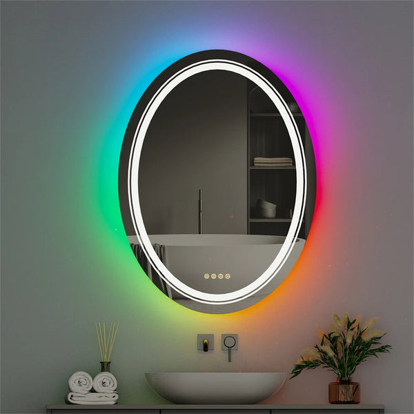 Oval Bathroom HD Vanity Mirror RGB Multicolor Backlit+Adjustable Front-Lighted
