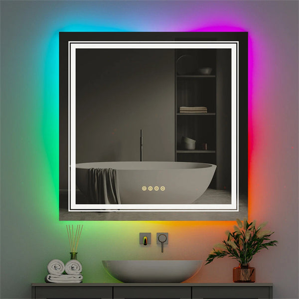 Square Bathroom HD Vanity Mirror RGB Multicolor Backlit+Adjustable Front-Lighted