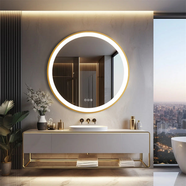 New Round LED Bathroom Mirror Gold Aluminum Frame Dimming Vanity Mirror Anti Fog