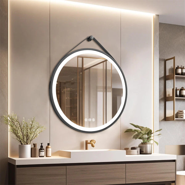 Round LED Bathroom Mirror Wall Hanging Dimmable Vanity Makeup Mirror with Strap