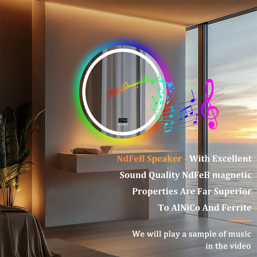 Bluetooth Led Bathroom Mirror w/ RGB Lights Date Time Temperature Makeup Mirror