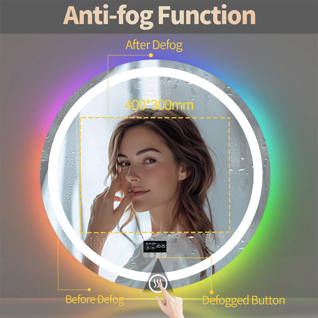 Bluetooth Led Bathroom Mirror w/ RGB Lights Date Time Temperature Makeup Mirror