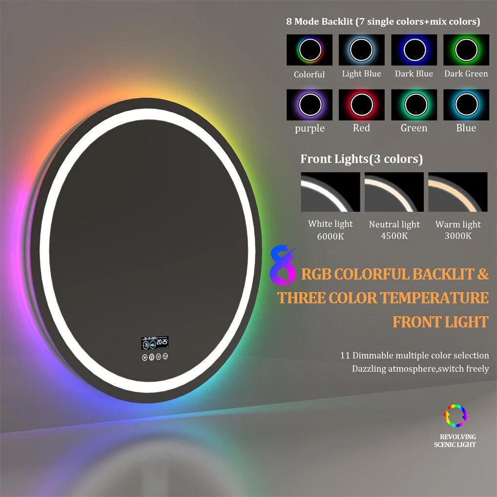 Bluetooth Led Bathroom Mirror w/ RGB Lights Date Time Temperature Makeup Mirror