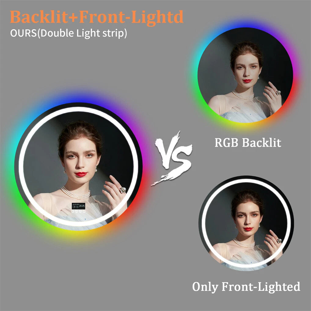 Bluetooth Led Bathroom Mirror w/ RGB Lights Date Time Temperature Makeup Mirror