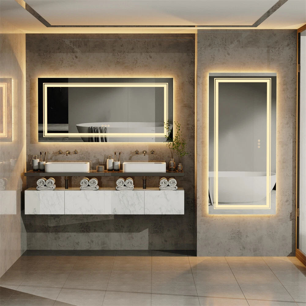 Bathroom Mirror with Front+Backlit Lights Dimmable Wall Vanity Mirrors Anti-Fog