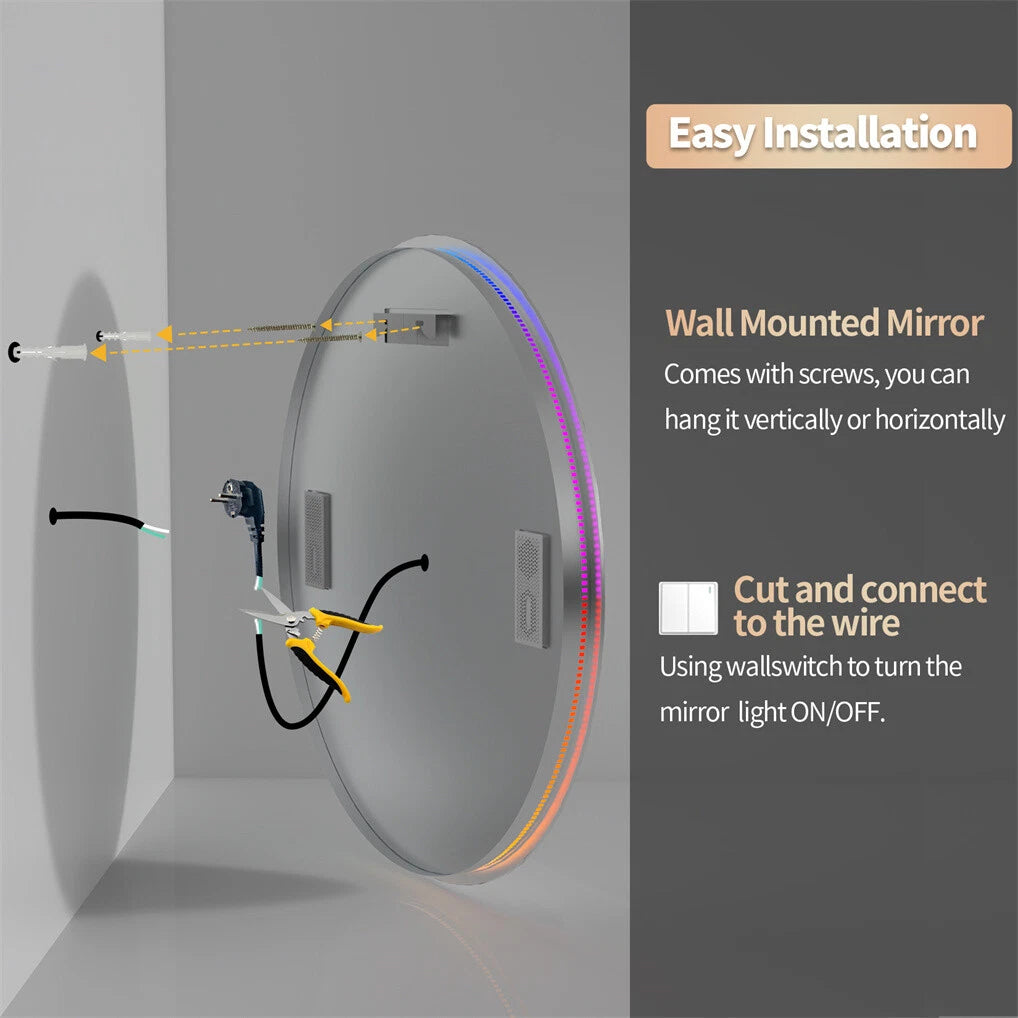 Bluetooth Led Bathroom Mirror w/ RGB Lights Date Time Temperature Makeup Mirror