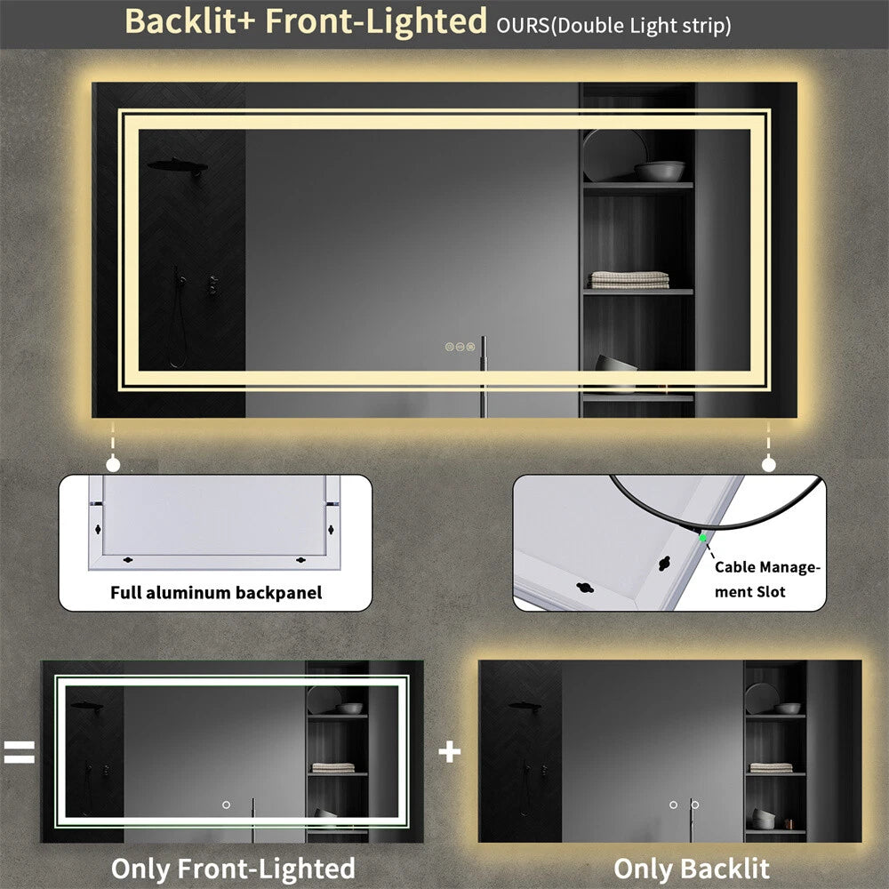 Bathroom Mirror with Front+Backlit Lights Dimmable Wall Vanity Mirrors Anti-Fog