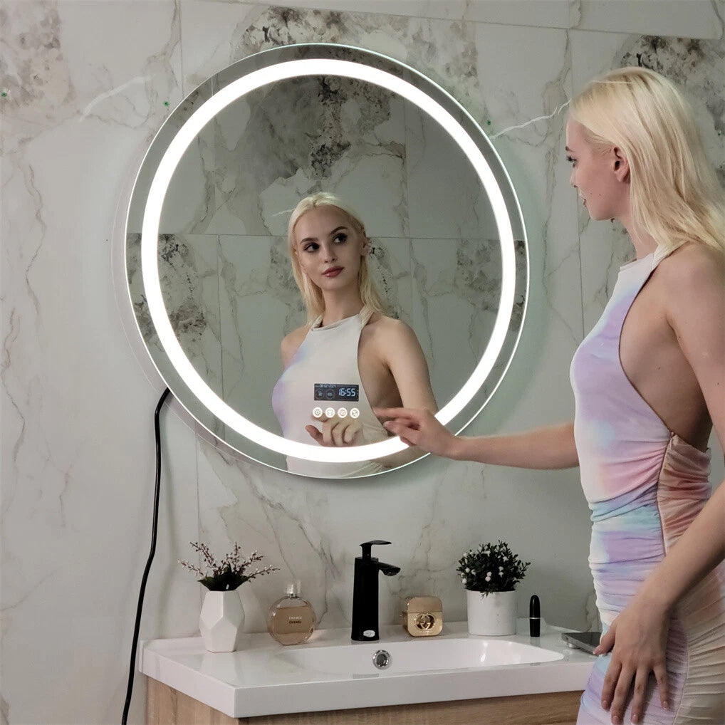 Bluetooth Led Bathroom Mirror w/ RGB Lights Date Time Temperature Makeup Mirror