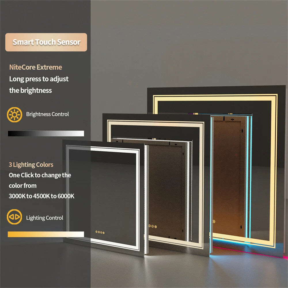 Square Bathroom HD Vanity Mirror RGB Multicolor Backlit+Adjustable Front-Lighted