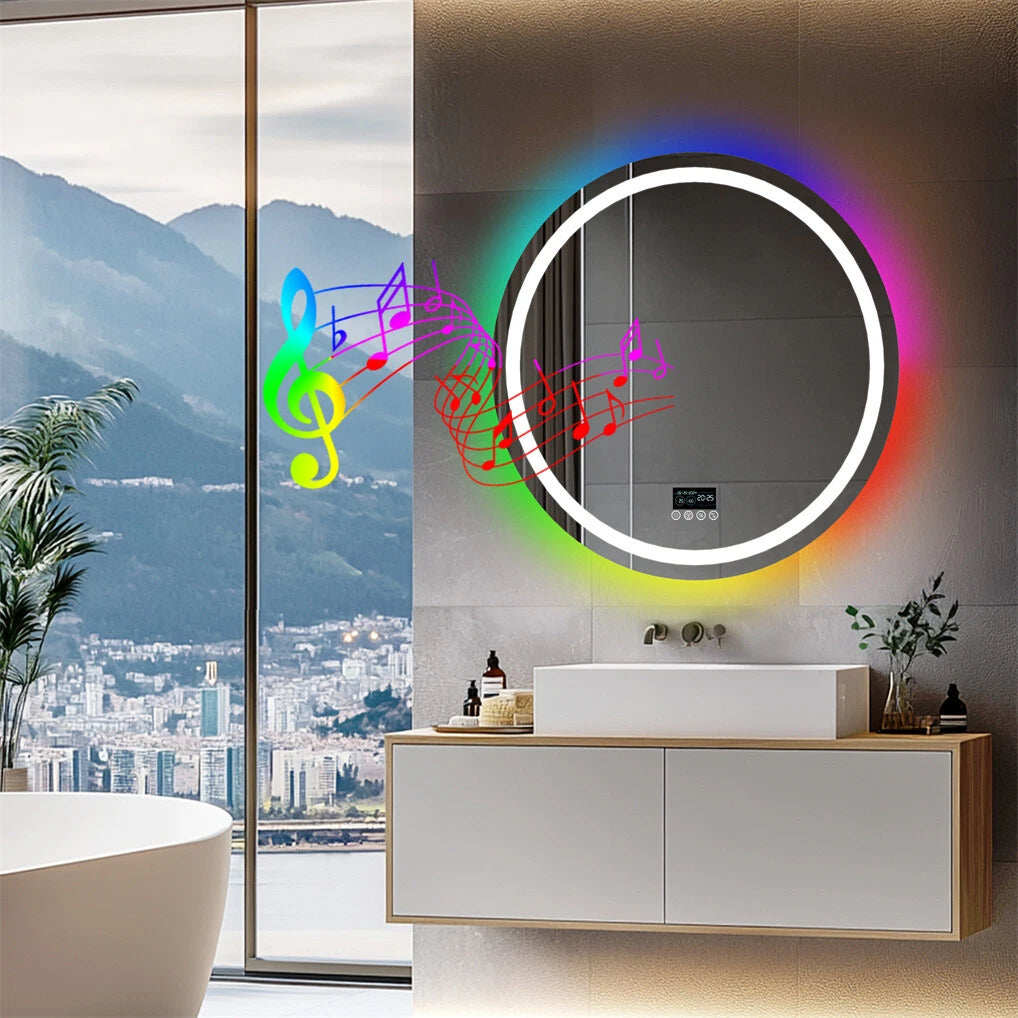 Bluetooth Led Bathroom Mirror w/ RGB Lights Date Time Temperature Makeup Mirror