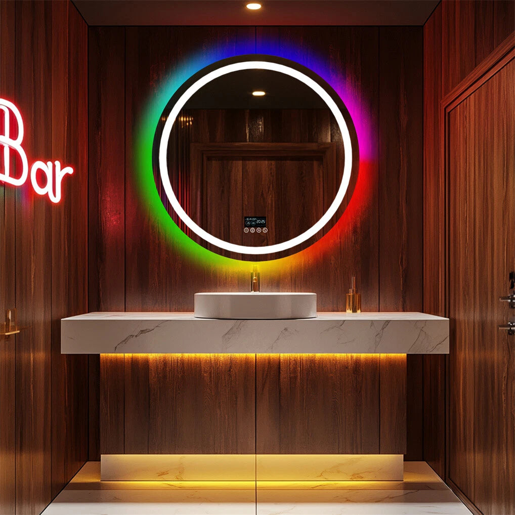 Bluetooth Led Bathroom Mirror w/ RGB Lights Date Time Temperature Makeup Mirror