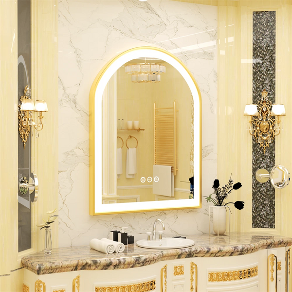 illuminated Gold LED Bathroom Mirror with Aluminum Framed for Vanity Dimmable HD